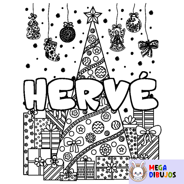 Coloraci&oacute;n del nombre HERV&Eacute; - decorado &aacute;rbol de Navidad y regalos