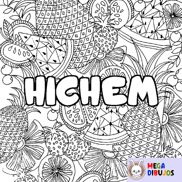 Coloraci&oacute;n del nombre HICHEM - decorado mandala de frutas