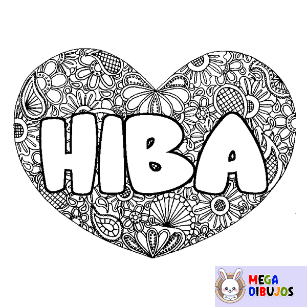 Coloraci&oacute;n del nombre HIBA - decorado mandala de coraz&oacute;n