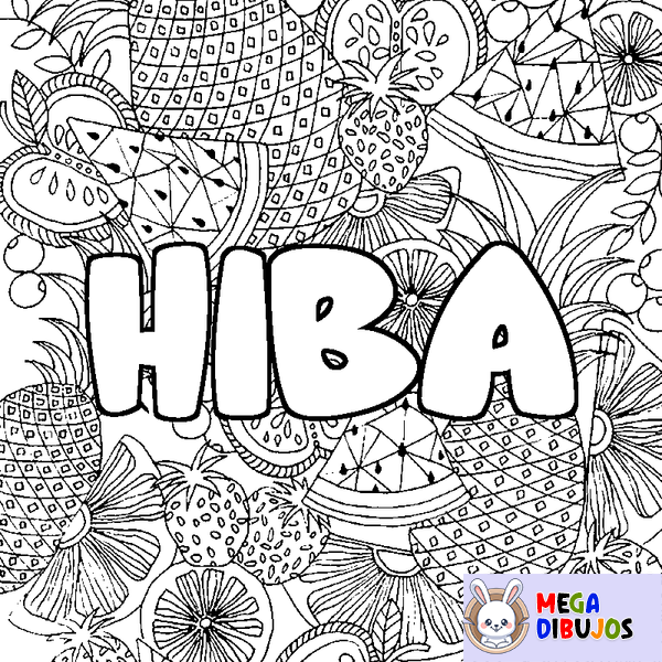 Coloraci&oacute;n del nombre HIBA - decorado mandala de frutas