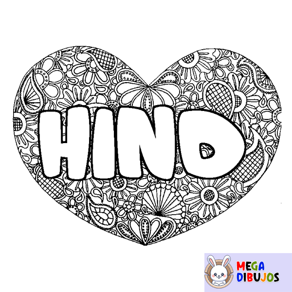 Coloraci&oacute;n del nombre HIND - decorado mandala de coraz&oacute;n