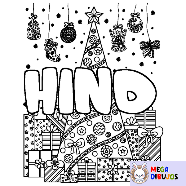 Coloraci&oacute;n del nombre HIND - decorado &aacute;rbol de Navidad y regalos