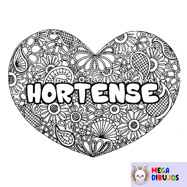 Coloraci&oacute;n del nombre HORTENSE - decorado mandala de coraz&oacute;n