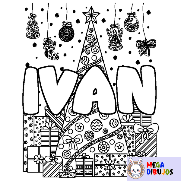 Coloraci&oacute;n del nombre IVAN - decorado &aacute;rbol de Navidad y regalos