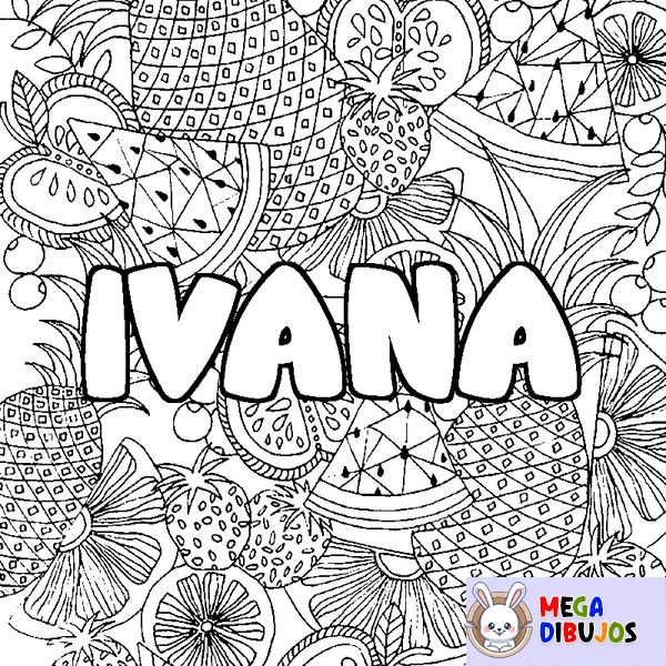 Coloraci&oacute;n del nombre IVANA - decorado mandala de frutas