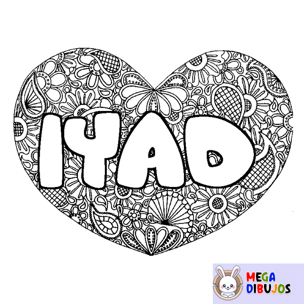 Coloraci&oacute;n del nombre IYAD - decorado mandala de coraz&oacute;n