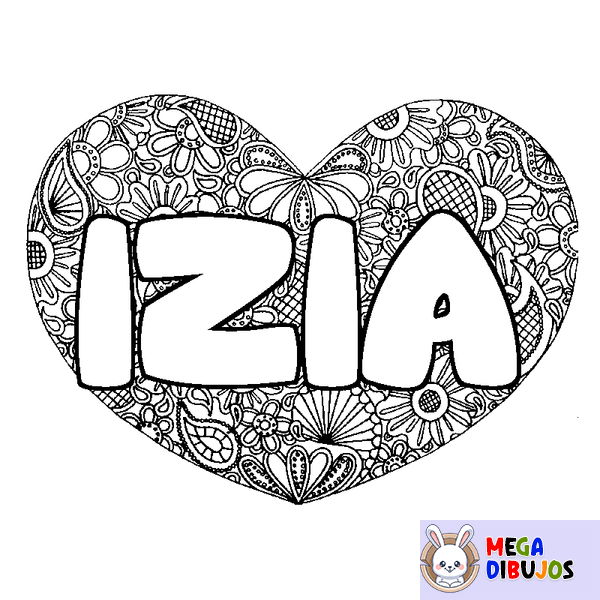Coloraci&oacute;n del nombre IZIA - decorado mandala de coraz&oacute;n