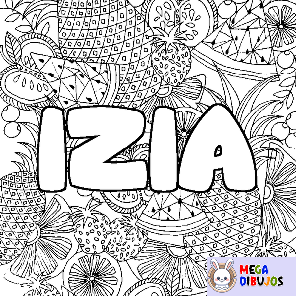 Coloraci&oacute;n del nombre IZIA - decorado mandala de frutas