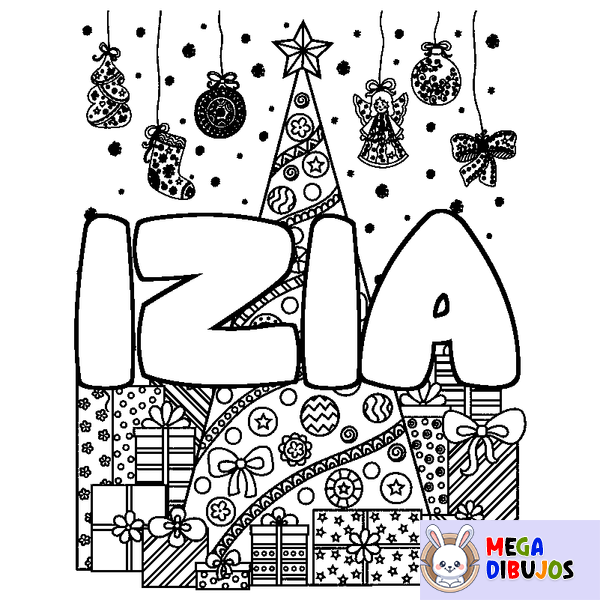 Coloraci&oacute;n del nombre IZIA - decorado &aacute;rbol de Navidad y regalos