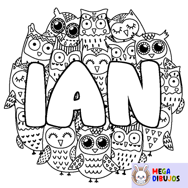 Coloraci&oacute;n del nombre IAN - decorado b&uacute;hos