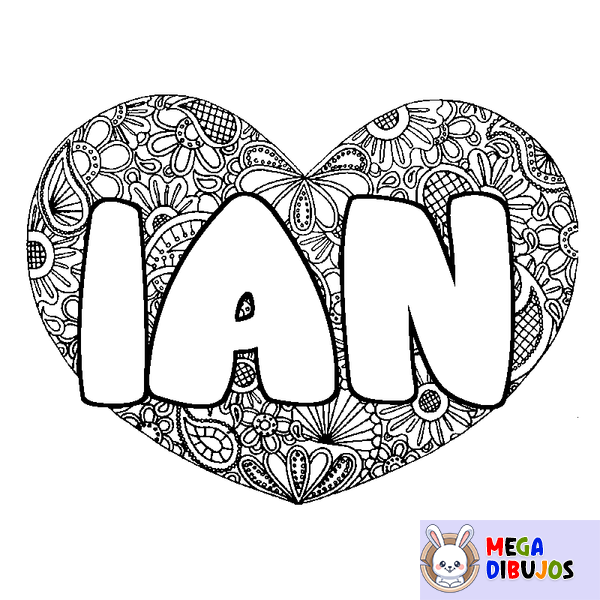 Coloraci&oacute;n del nombre IAN - decorado mandala de coraz&oacute;n