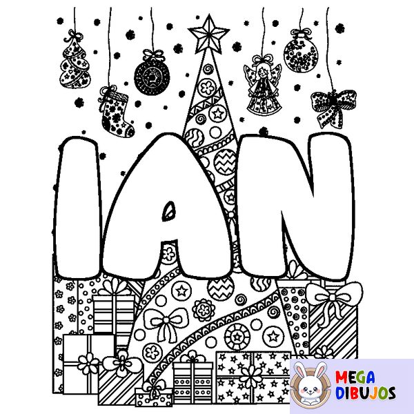 Coloraci&oacute;n del nombre IAN - decorado &aacute;rbol de Navidad y regalos