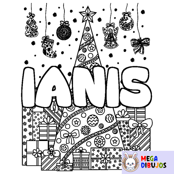 Coloraci&oacute;n del nombre IANIS - decorado &aacute;rbol de Navidad y regalos