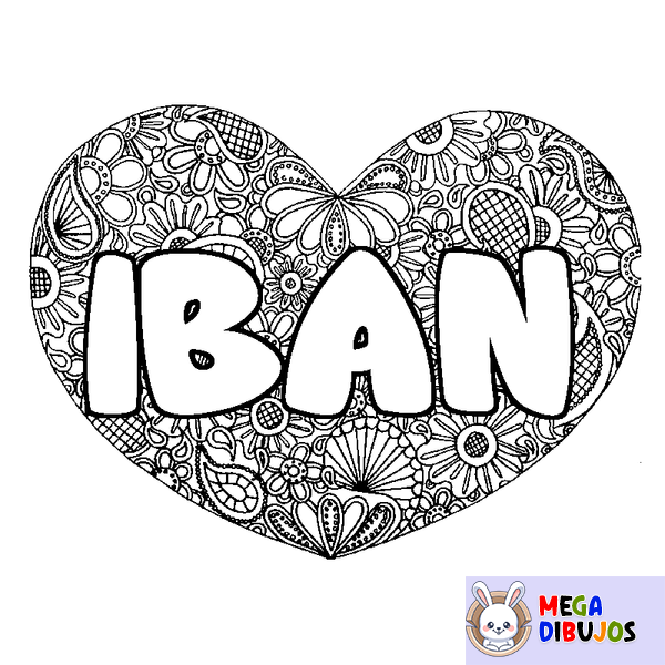 Coloraci&oacute;n del nombre IBAN - decorado mandala de coraz&oacute;n