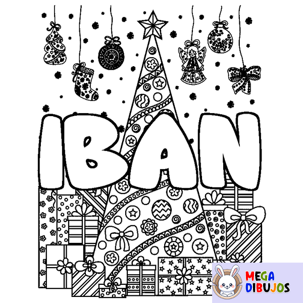 Coloraci&oacute;n del nombre IBAN - decorado &aacute;rbol de Navidad y regalos