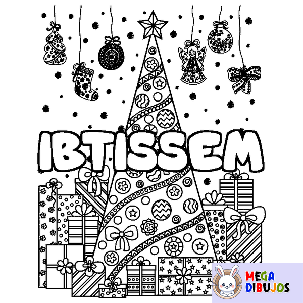 Coloraci&oacute;n del nombre IBTISSEM - decorado &aacute;rbol de Navidad y regalos