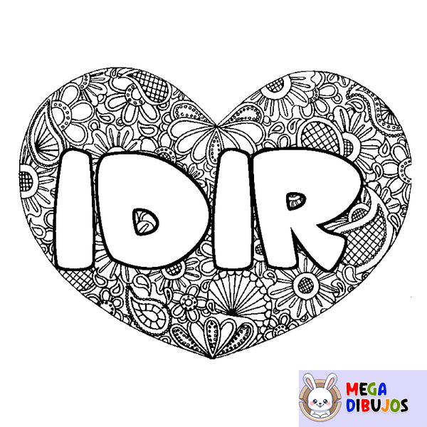 Coloraci&oacute;n del nombre IDIR - decorado mandala de coraz&oacute;n