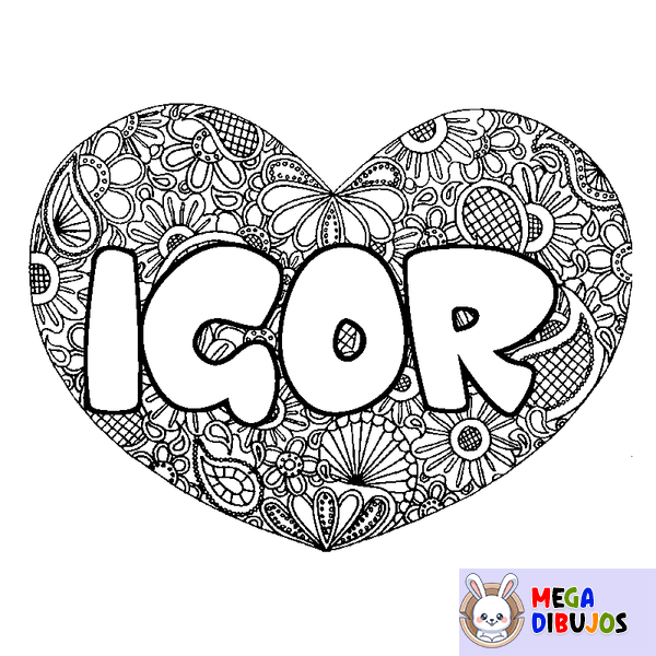 Coloraci&oacute;n del nombre IGOR - decorado mandala de coraz&oacute;n