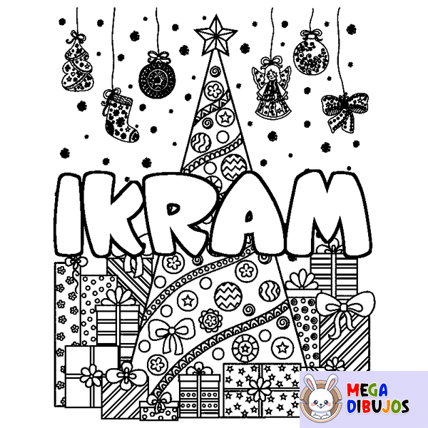 Coloraci&oacute;n del nombre IKRAM - decorado &aacute;rbol de Navidad y regalos