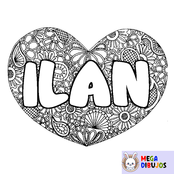 Coloraci&oacute;n del nombre ILAN - decorado mandala de coraz&oacute;n