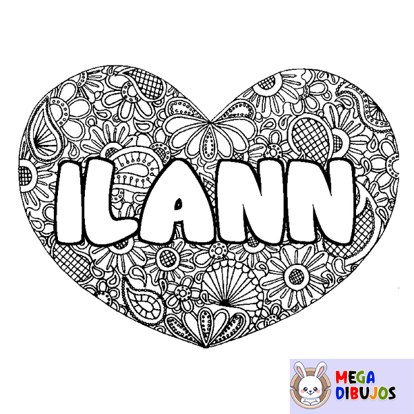Coloraci&oacute;n del nombre ILANN - decorado mandala de coraz&oacute;n