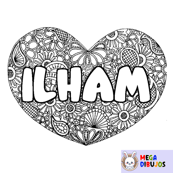 Coloraci&oacute;n del nombre ILHAM - decorado mandala de coraz&oacute;n