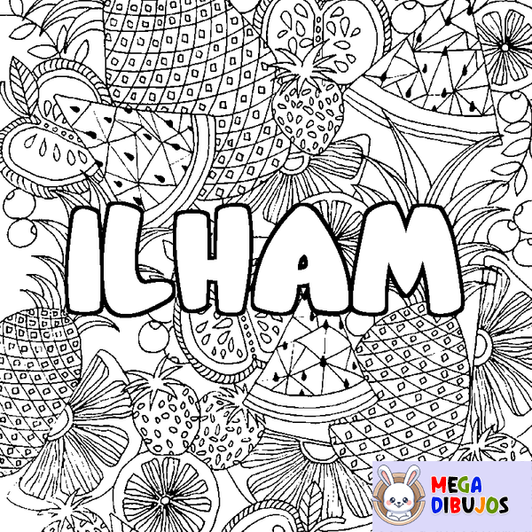 Coloraci&oacute;n del nombre ILHAM - decorado mandala de frutas