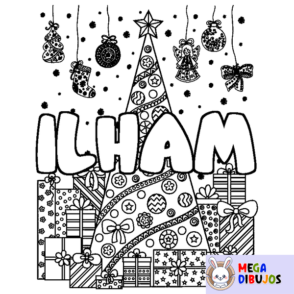 Coloraci&oacute;n del nombre ILHAM - decorado &aacute;rbol de Navidad y regalos