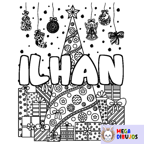 Coloraci&oacute;n del nombre ILHAN - decorado &aacute;rbol de Navidad y regalos