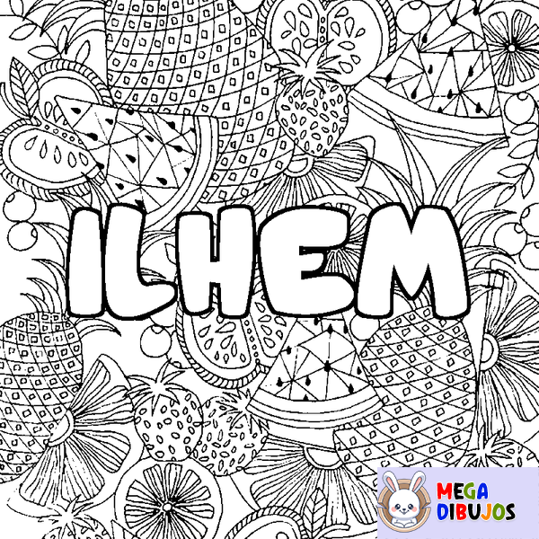 Coloraci&oacute;n del nombre ILHEM - decorado mandala de frutas