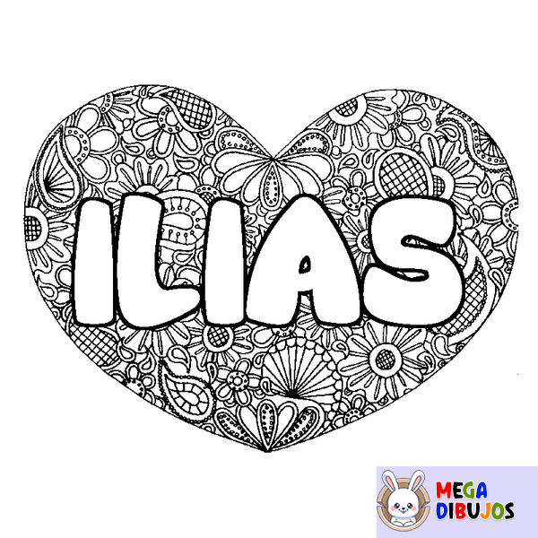 Coloraci&oacute;n del nombre ILIAS - decorado mandala de coraz&oacute;n