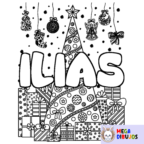 Coloraci&oacute;n del nombre ILIAS - decorado &aacute;rbol de Navidad y regalos
