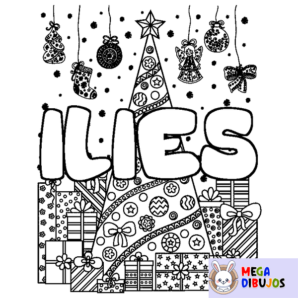 Coloraci&oacute;n del nombre ILIES - decorado &aacute;rbol de Navidad y regalos