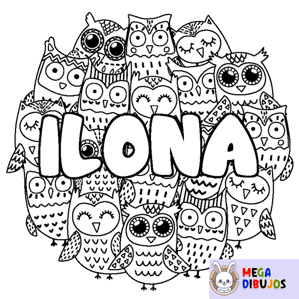 Coloraci&oacute;n del nombre ILONA - decorado b&uacute;hos