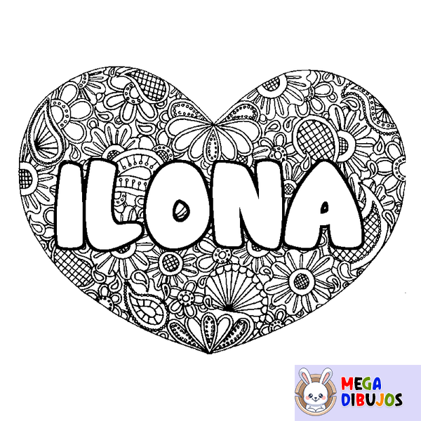 Coloraci&oacute;n del nombre ILONA - decorado mandala de coraz&oacute;n
