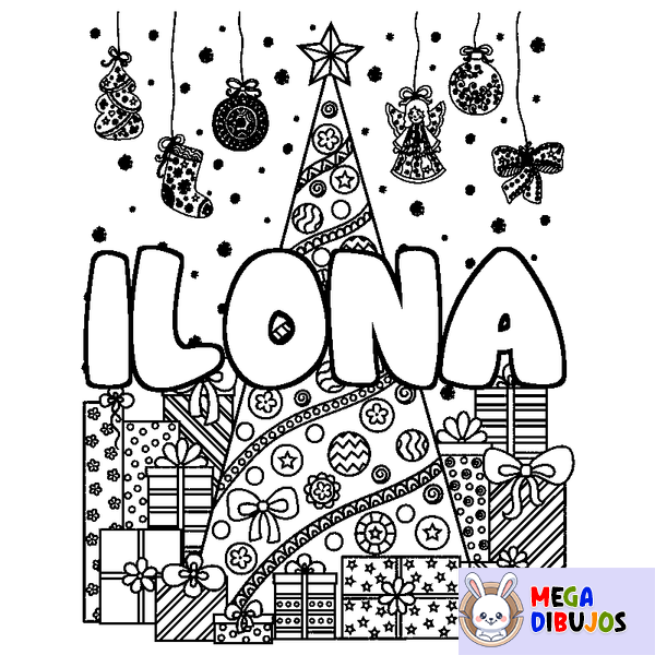 Coloraci&oacute;n del nombre ILONA - decorado &aacute;rbol de Navidad y regalos
