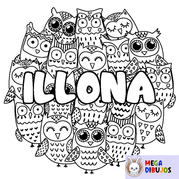 Coloraci&oacute;n del nombre ILLONA - decorado b&uacute;hos