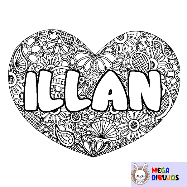 Coloraci&oacute;n del nombre ILLAN - decorado mandala de coraz&oacute;n