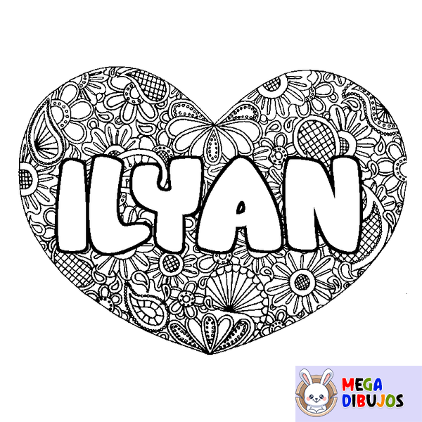 Coloraci&oacute;n del nombre ILYAN - decorado mandala de coraz&oacute;n