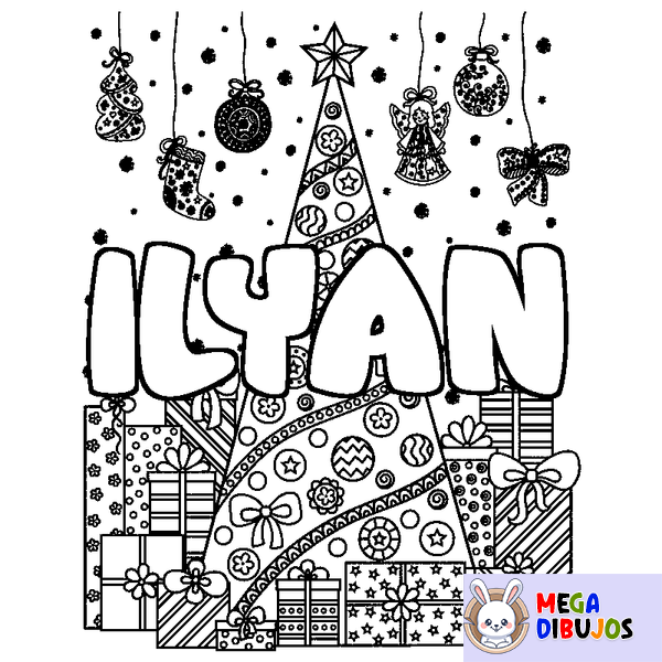 Coloraci&oacute;n del nombre ILYAN - decorado &aacute;rbol de Navidad y regalos