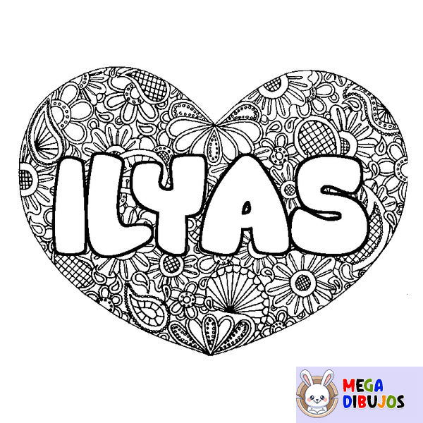 Coloraci&oacute;n del nombre ILYAS - decorado mandala de coraz&oacute;n