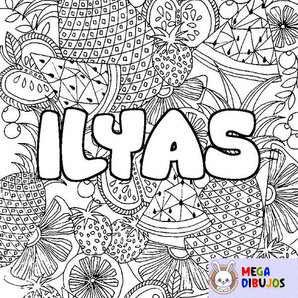 Coloraci&oacute;n del nombre ILYAS - decorado mandala de frutas