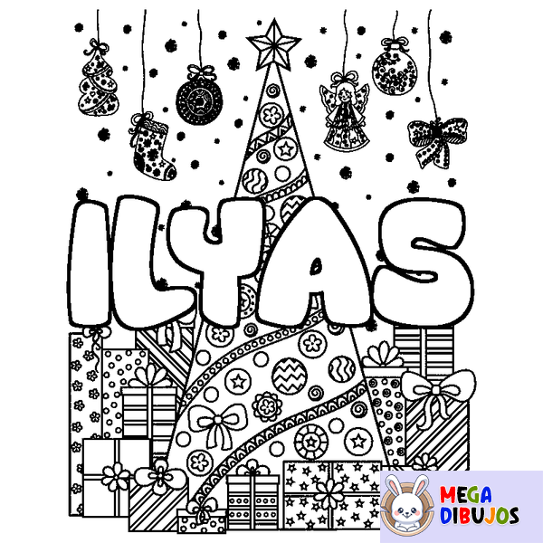 Coloraci&oacute;n del nombre ILYAS - decorado &aacute;rbol de Navidad y regalos