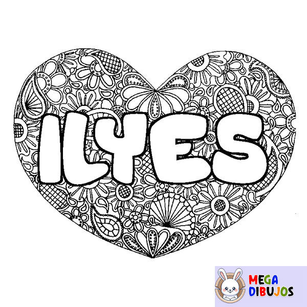 Coloraci&oacute;n del nombre ILYES - decorado mandala de coraz&oacute;n