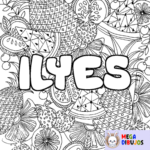 Coloraci&oacute;n del nombre ILYES - decorado mandala de frutas