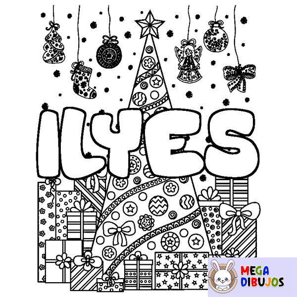 Coloraci&oacute;n del nombre ILYES - decorado &aacute;rbol de Navidad y regalos