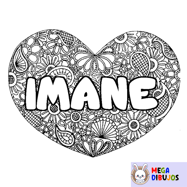Coloraci&oacute;n del nombre IMANE - decorado mandala de coraz&oacute;n