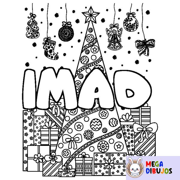 Coloraci&oacute;n del nombre IMAD - decorado &aacute;rbol de Navidad y regalos