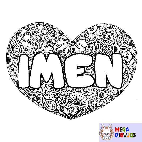 Coloraci&oacute;n del nombre IMEN - decorado mandala de coraz&oacute;n