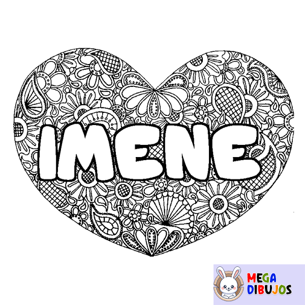 Coloraci&oacute;n del nombre IMENE - decorado mandala de coraz&oacute;n